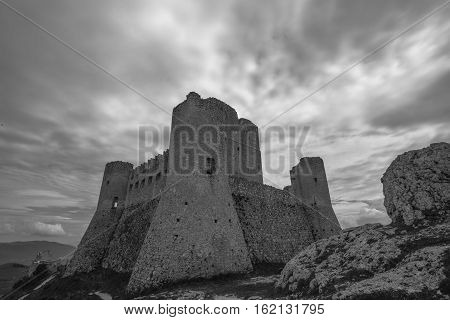 Rocca Calascio in black and white, Lady Hawk Fortress, in L'Aquila, Abruzzo, Italy