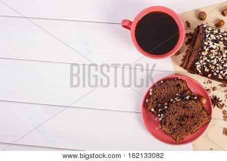 Dark Cake With Chocolate, Cocoa And Plum Jam, Cup Of Coffee, Delicious Dessert, Copy Space For Text