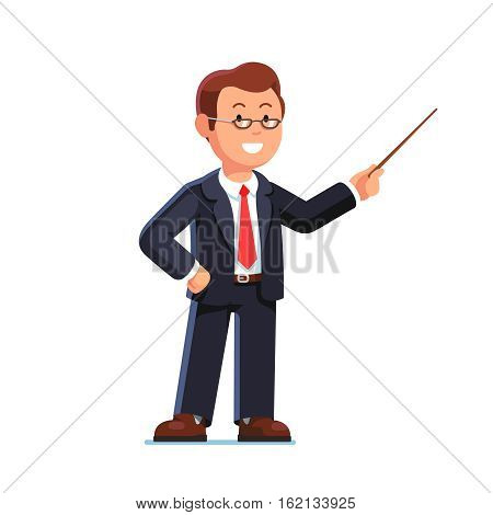 Standing business man teacher wearing glasses pointing with wooden pointer stick. Flat style vector illustration isolated on white background.