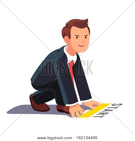 Business man in starting position ready to sprint run. Side view. Flat style vector illustration isolated on white background.