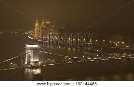Budapest in the night, the Parliament and the Danube