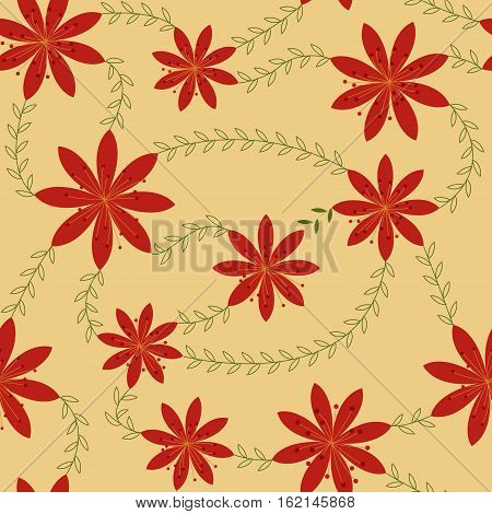 Vector red flowers with stamens pattern retro