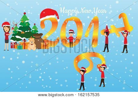happy new year concept. man change the number 2016 are 2017 and celebration that have the gifts vector illustration.