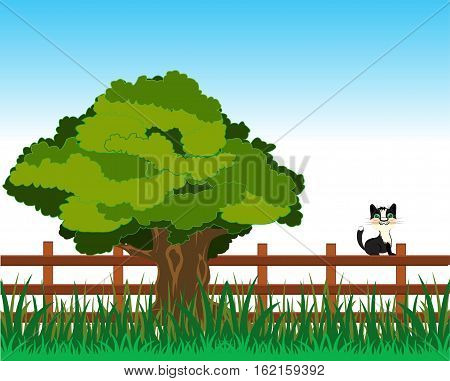 Year landscape with big tree and fence