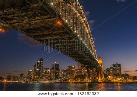 Sydney Harbour at night viewed from Milsons Point in North Sydney Australia. DEC 19,2016 Sydney Harbour is a beautiful meandering waterway, famous around the world.