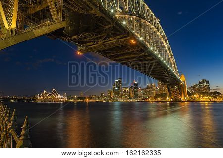 Sydney Harbour at night viewed from Milsons Point in North Sydney Australia. DEC 19,2016 Sydney Harbour is a beautiful meandering waterway, famous around the world.