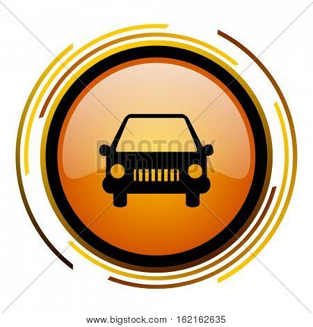 Car auto sign vector icon. Modern design round orange button isolated on white square background for web and application designers in eps10.