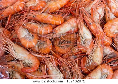 boiled giant freshwater prawn, food background, asian food