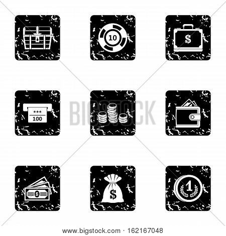 Monetary resource icons set. Grunge illustration of 9 monetary resource vector icons for web