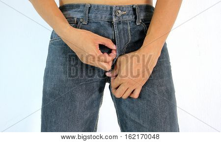 Men's zipper pants by oneself on white background