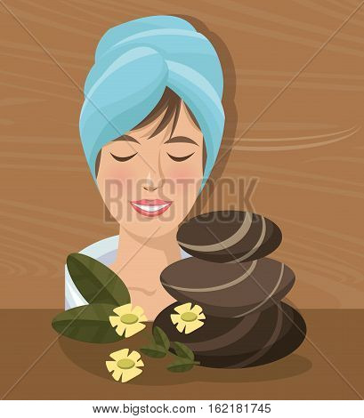 spa woman towel closed eyes stones relaxing wood bakcground vector illustration eps 10