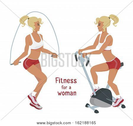 Vector girl in red makes skipping rope and bike exercises . Flat cartoon style Woman does sports workout, cardio training active lifestyle illustration Print banner poster advertisement design element