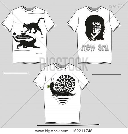 White T-shirt with a black pattern
Unisex Clothing author design summer demi advertising snail puddle cat print head man Banner text eps10 vector illustration Stock