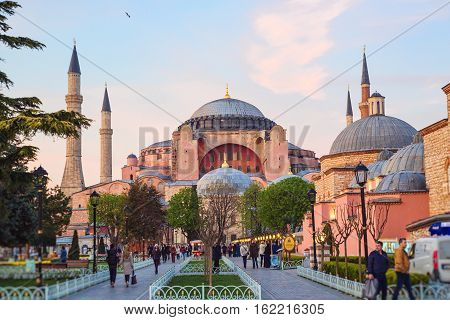 ISTANBUL - APRIL 16 2015: Haghia Sophia - famous church and mosque in Istanbul in the sunset hour