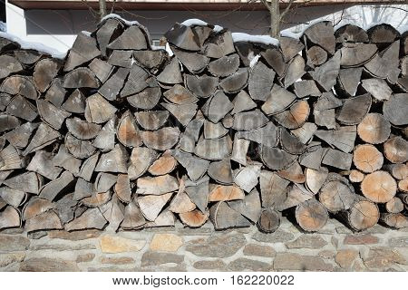 pattern of brown wood log background texture. Pile of wood logs / Timber texture. Beautifully structured pieces of dry wood suitable for heating in the fireplace.