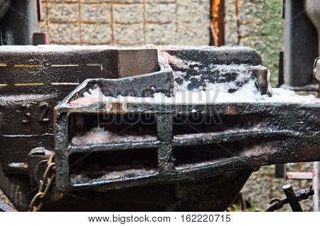 Detail view of a cargo train coupler