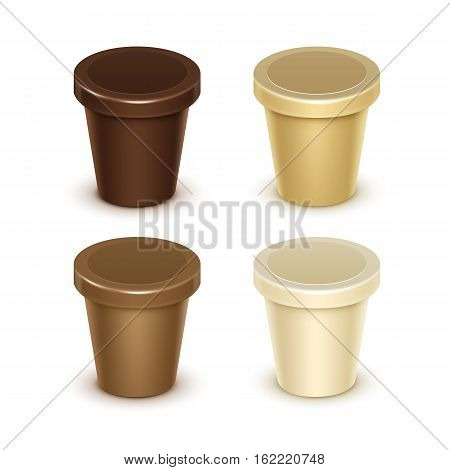 Vector Set of Brown Cream Blank Food Plastic Tub Bucket Container For Vanilla Chocolate Dessert Yogurt Ice Cream Sour Cream with Label for Package Design Mock Up Close up Isolated on White Background.