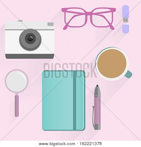 Office desk table with photo camera, glasses, flash drive, pen, notebooks, magnifying glass, and coffee cup flat design. Top view pink background. Eps10 vector template.