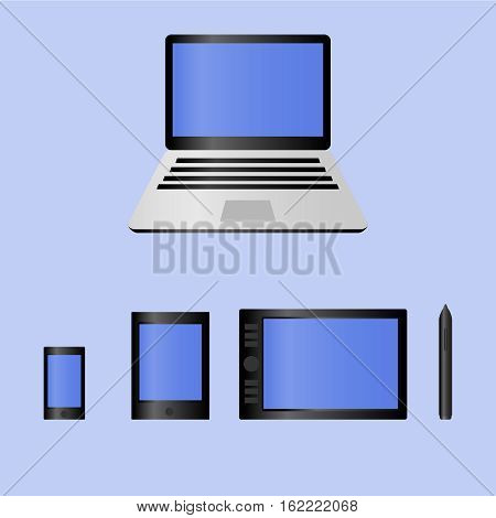 Realistic mobile computer devices laptop, tablet, graphic pen tablet, smartphone - each device individually grouped EPS10 vector illustration
