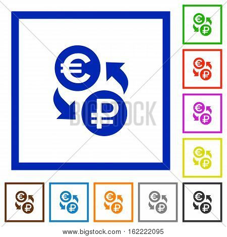 Euro Ruble exchange flat color icons in square frames on white background