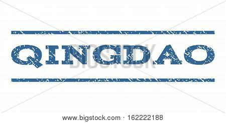 Qingdao watermark stamp. Text caption between horizontal parallel lines with grunge design style. Rubber seal stamp with unclean texture. Vector cobalt color ink imprint on a white background.