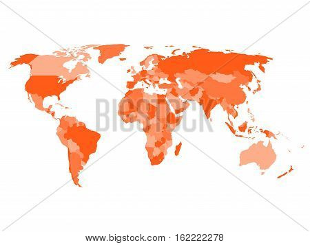 World map with names of sovereign countries and larger dependent territories. Simplified vector map in four shades of orange on white background.