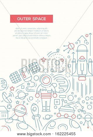 Outer space - vector plain line design brochure poster, flyer presentation template, A4 size layout.