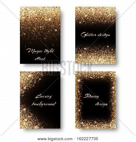 Set of backgrounds with golden lights to design greeting cards. Christmas decorations with glitter.