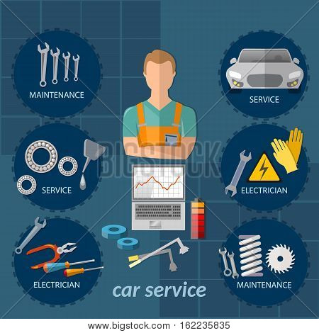 Car service infographics mechanic auto service center tool box car diagnostics. Professional auto repair vector concept