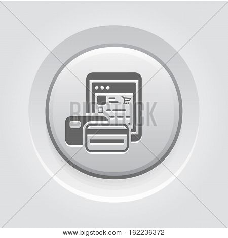 Pay As You Go Icon. Business and Finance. Isolated Illustration. Tablet with two credit cards. Tablet with store webpage. Grey Button Design.