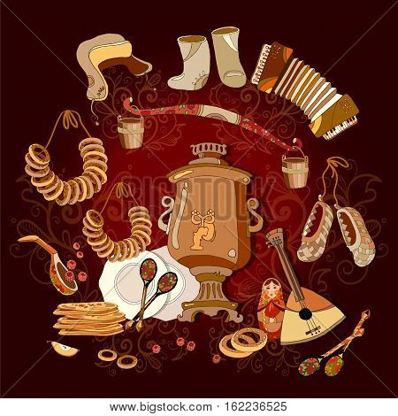 Traditional Russian cuisine and culture. Welcome to Russia. Balalayka samovar matryoshka hand drawn vector