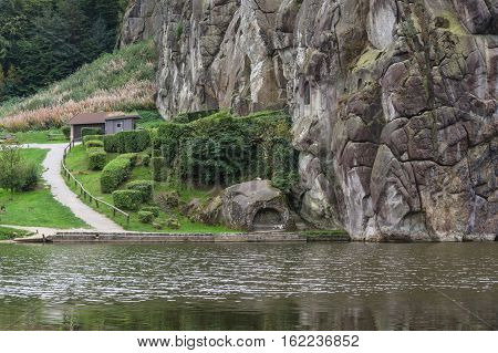 The Externsteine striking sandstone rock formation in the Teutoburg Forest Germany North Rhine Westphalia