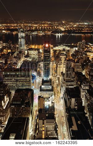New York City west side 34th street urban cityscape view at night.