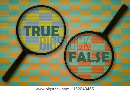 Words True and False written under magnifiers on abstract background