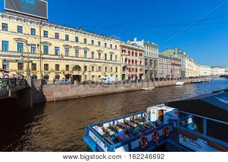 Saint Petersburg, Russia - July 26, 2014:  A Tour Boat Is Preparing To Sail On Tours
