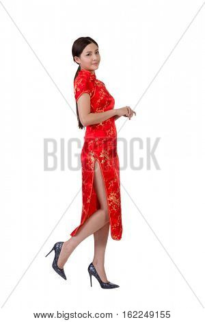 Chinese woman in traditional cheongsam in the new year isolated on white