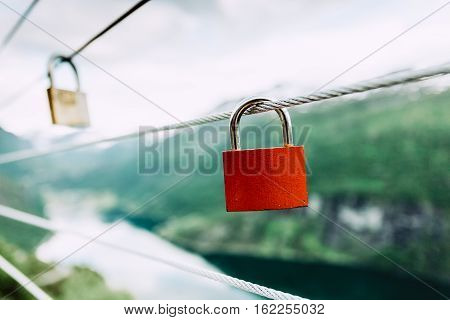 Red Padlock And Geirangerfjord From Flydasjuvet Viewpoint Norway