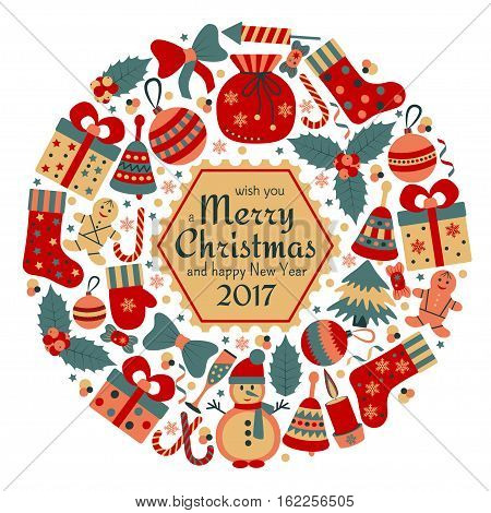 Christmas greeting card with text Merry Xmas and many winter doodle toys. Wreath shape. Vector illustration.
