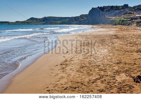 amazing panorama of Xi Beach,beach with red sand in Kefalonia, Ionian islands, Greece