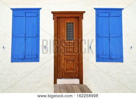 wooden door and windows at Hydra island Greece - exterior traditional architecture