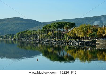 Trevignano Romano waterfront reflection on Lake Bracciano near Rome