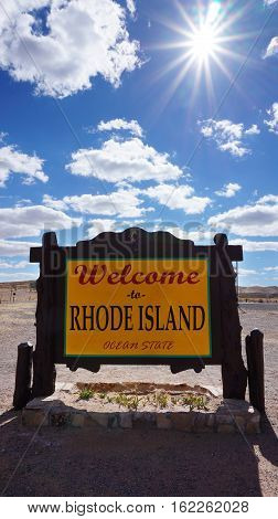 Welcome to Rhode Island road sign with blue sky