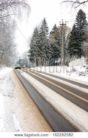 beautiful landscape, winter road among large firs