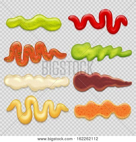 Sauce stripes, mustard, ketchup, soy, cook gourmet marinade vector. Set of sauce stripe illustration