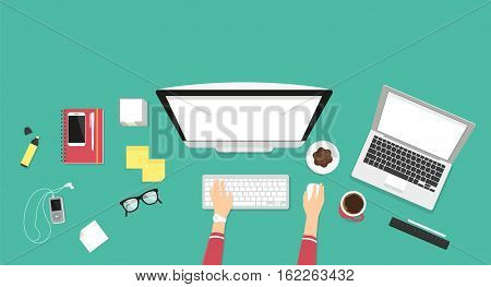 Human female hands typing on the computer keyboard using laptop with white screen. Business desktop illustration on green background with screen blank for placing website screenshots