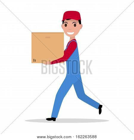 Vector illustration cartoon running delivery man with cardboard box. Concept fast delivery goods to home. Isolated white background. Flat style. Courier boy carries a box. Loader profession.