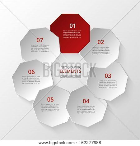 Infographics step by step. Universal abstract element of chart graph diagram with 7 steps options parts processes. Vector business template for presentation and training.