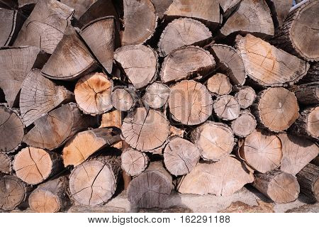 pattern of brown wood log background texture. Pile of wood logs / Timber texture. Beautifully structured pieces of dry wood suitable for heating in the fireplace.