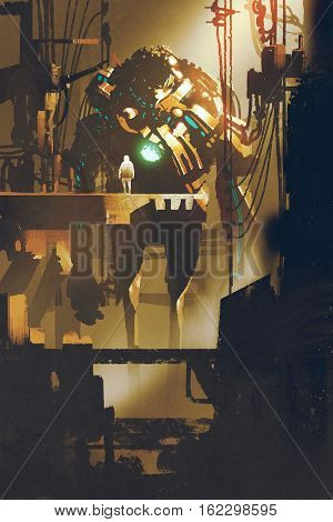 sci-fi scene of giant robot in old factory, illustration painting
