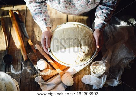 Close Up View Of Baker Kneading Dough. Homemade Bread. Hands Pre